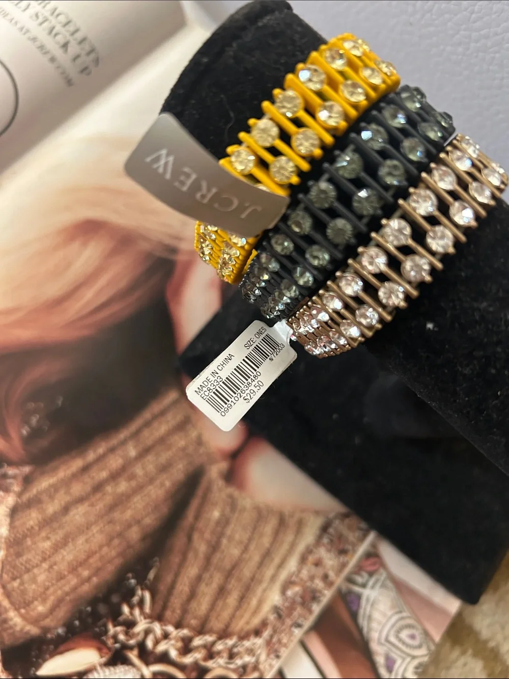 NWT J. Crew Set of Three Crystal Stretch Bracelets - Yellow, Black, Crystal